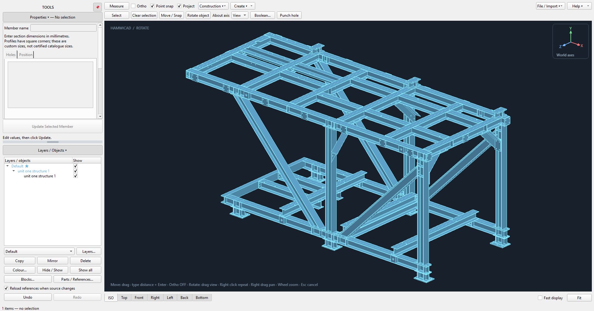HamwiCAD on Windows showing a bolted steel support frame in the 3D view, with the tools panel and layers list on the left.